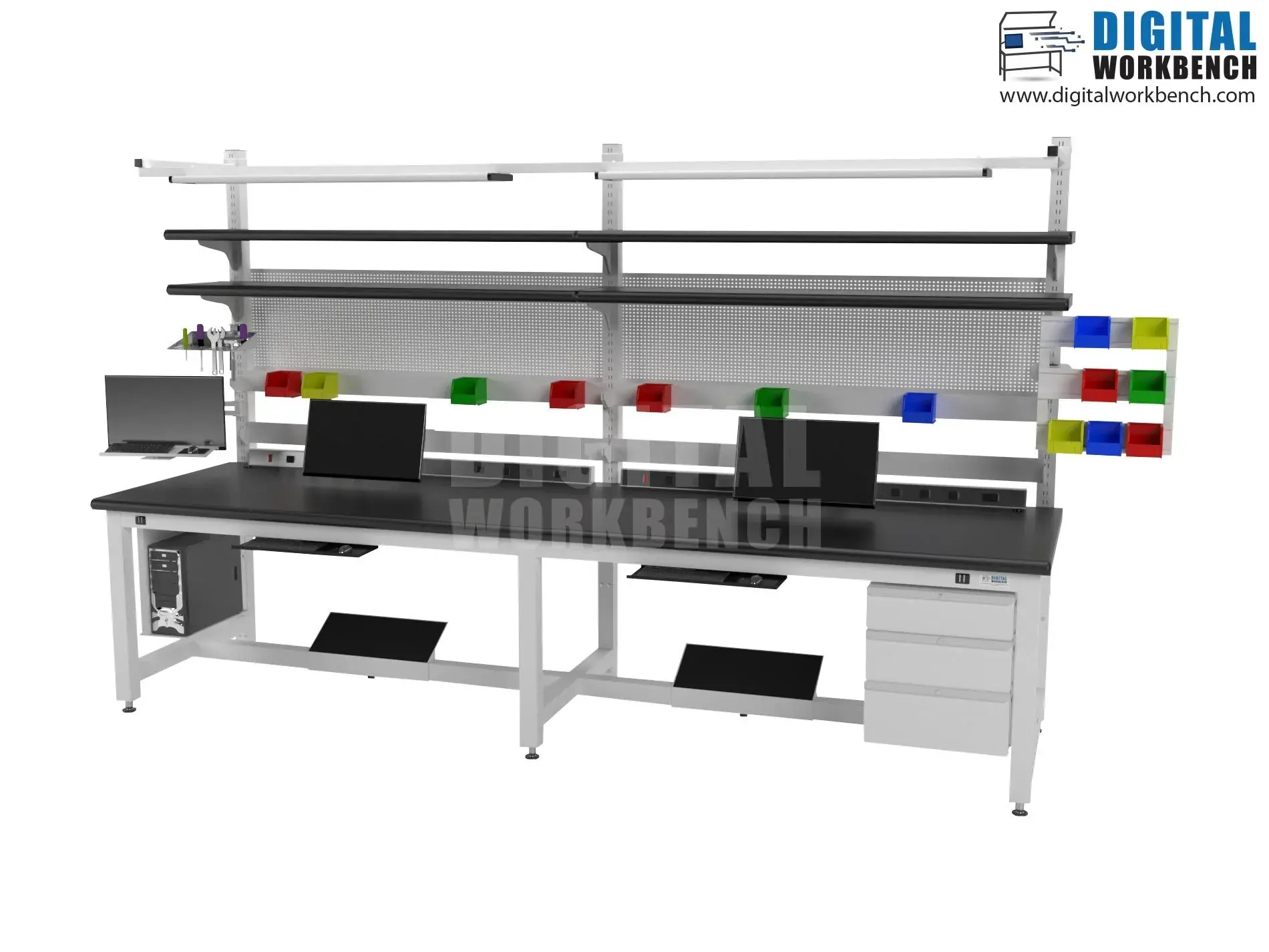 Modular custom workbench system designed for flexible industrial use. Lan Monitors, XL large size custom designed industrial workbench.