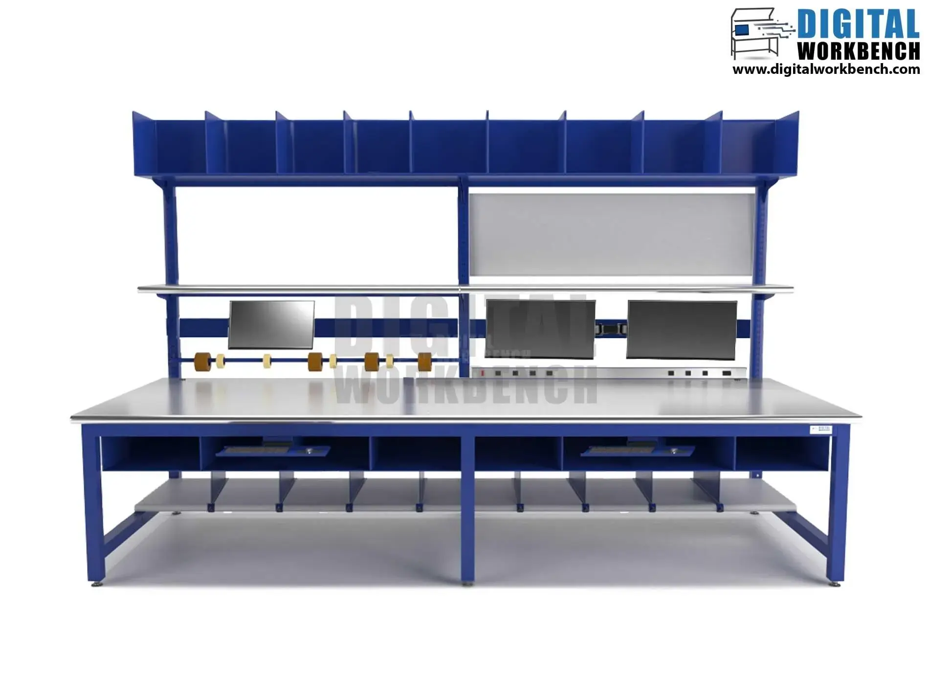 Modular custom workbenches system supporting industrial operations. Workbench perfect for packaging and other industrial uses.